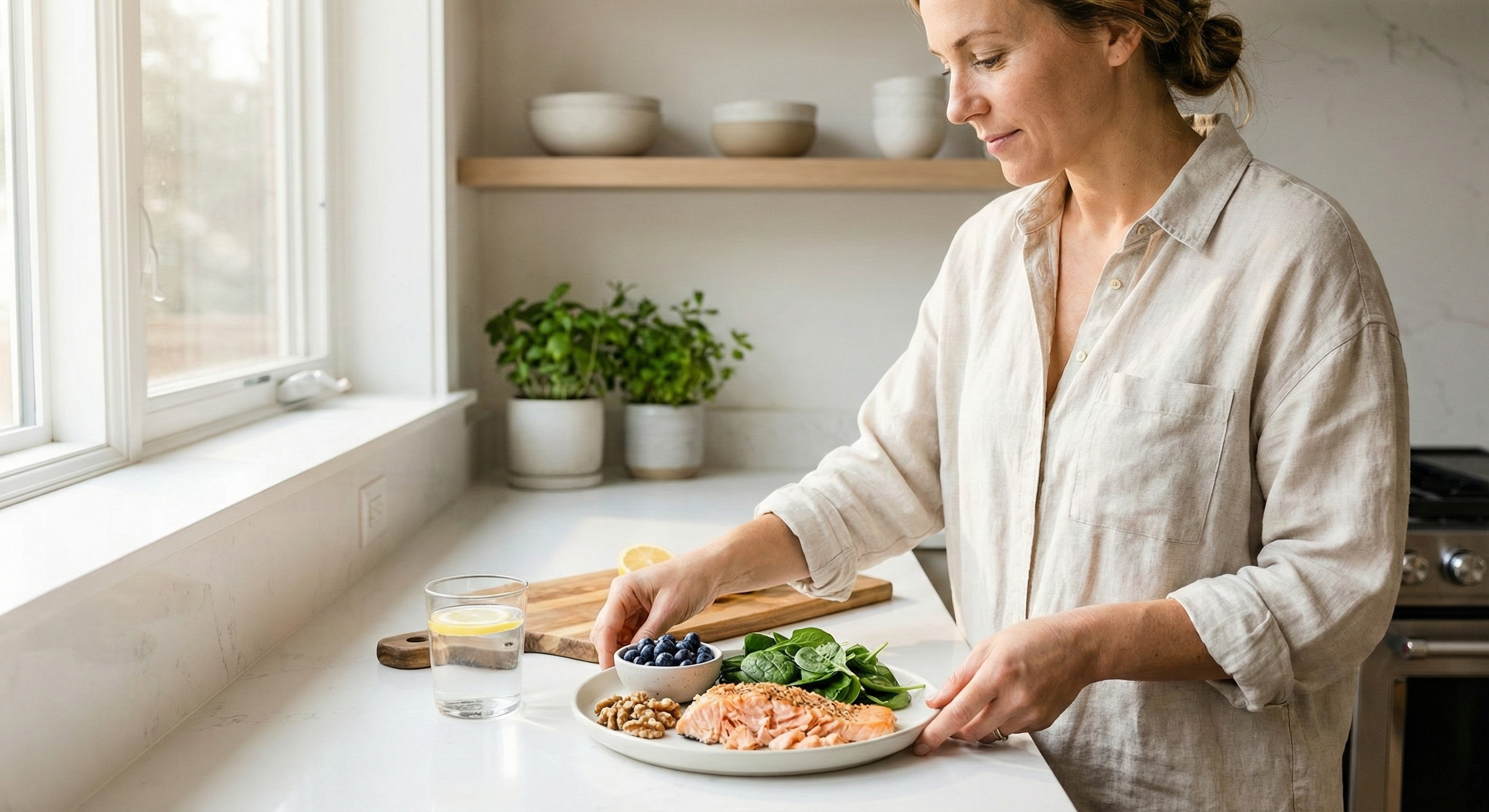 Adult woman preparing a nutrient dense meal to support hair and scalp health from within