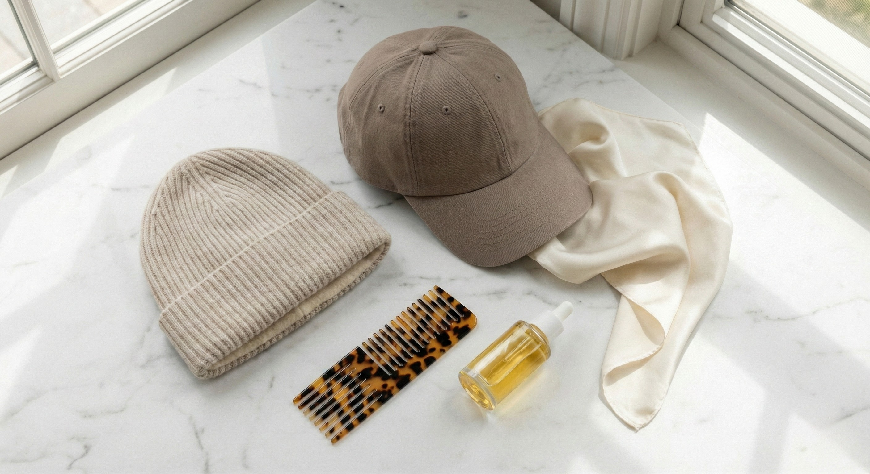 Hats and a satin scarf shown as friction-reducing hair protection accessories