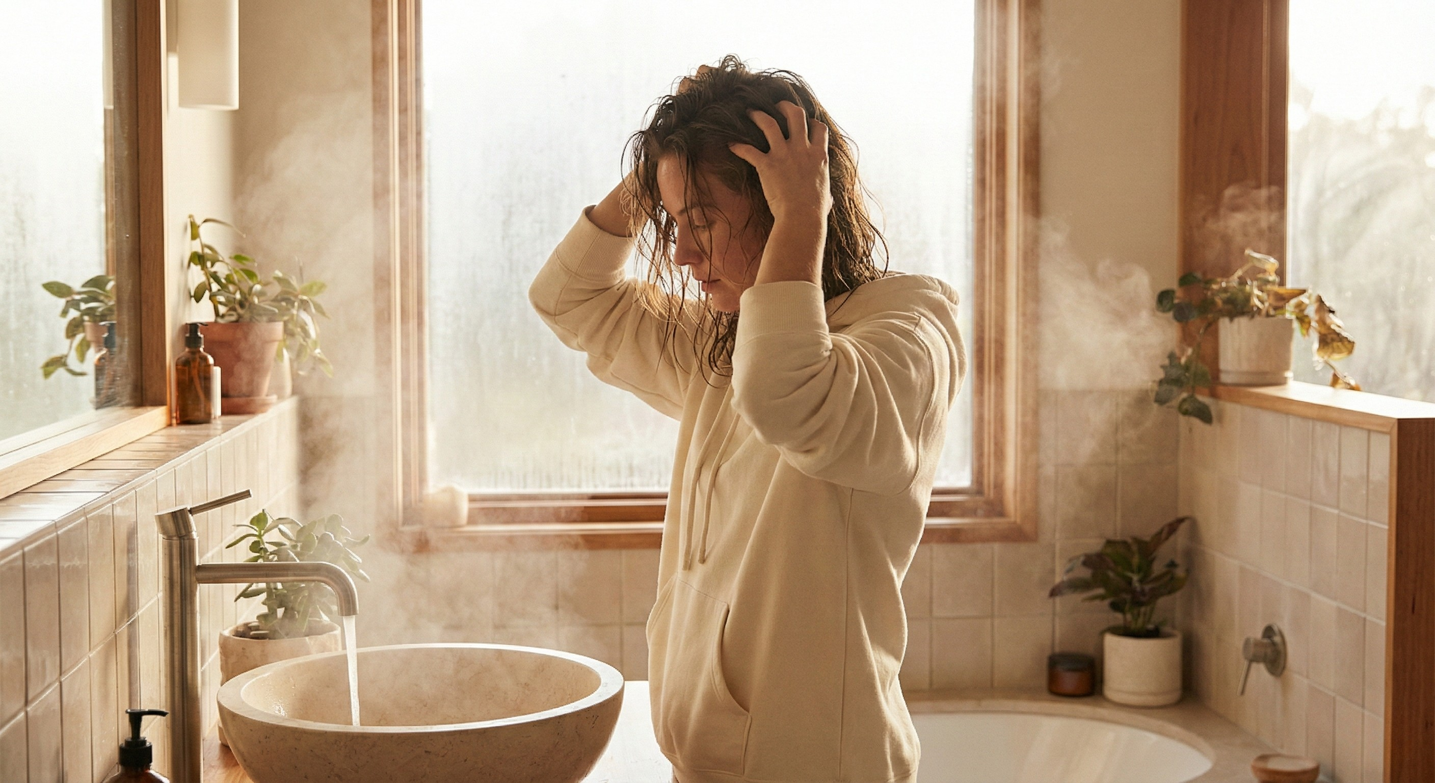 Woman cleansing her scalp after sweating to reduce buildup and irritation