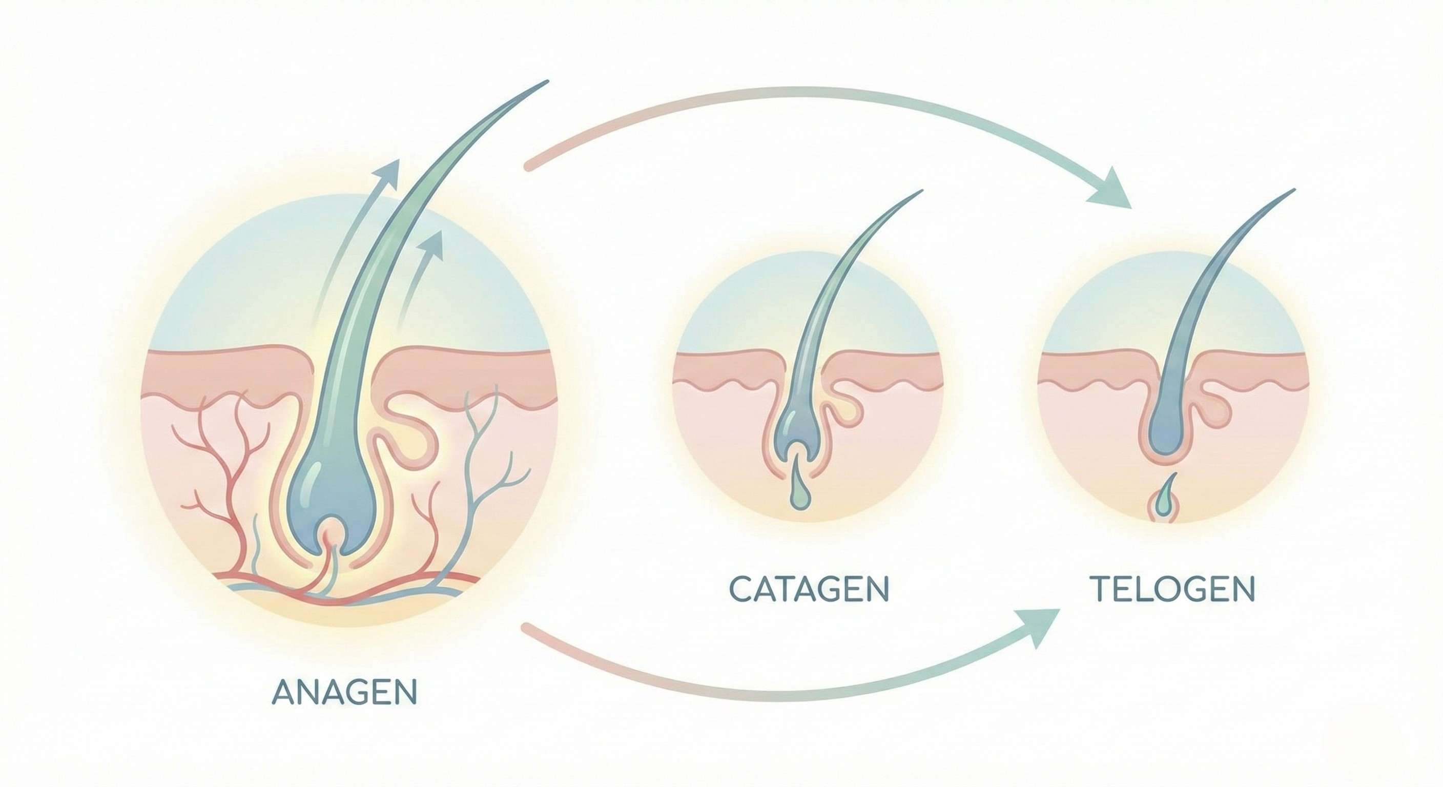 Hair growth cycle diagram showing active hair follicles in the growth phase and how circulation supports follicle health over time.