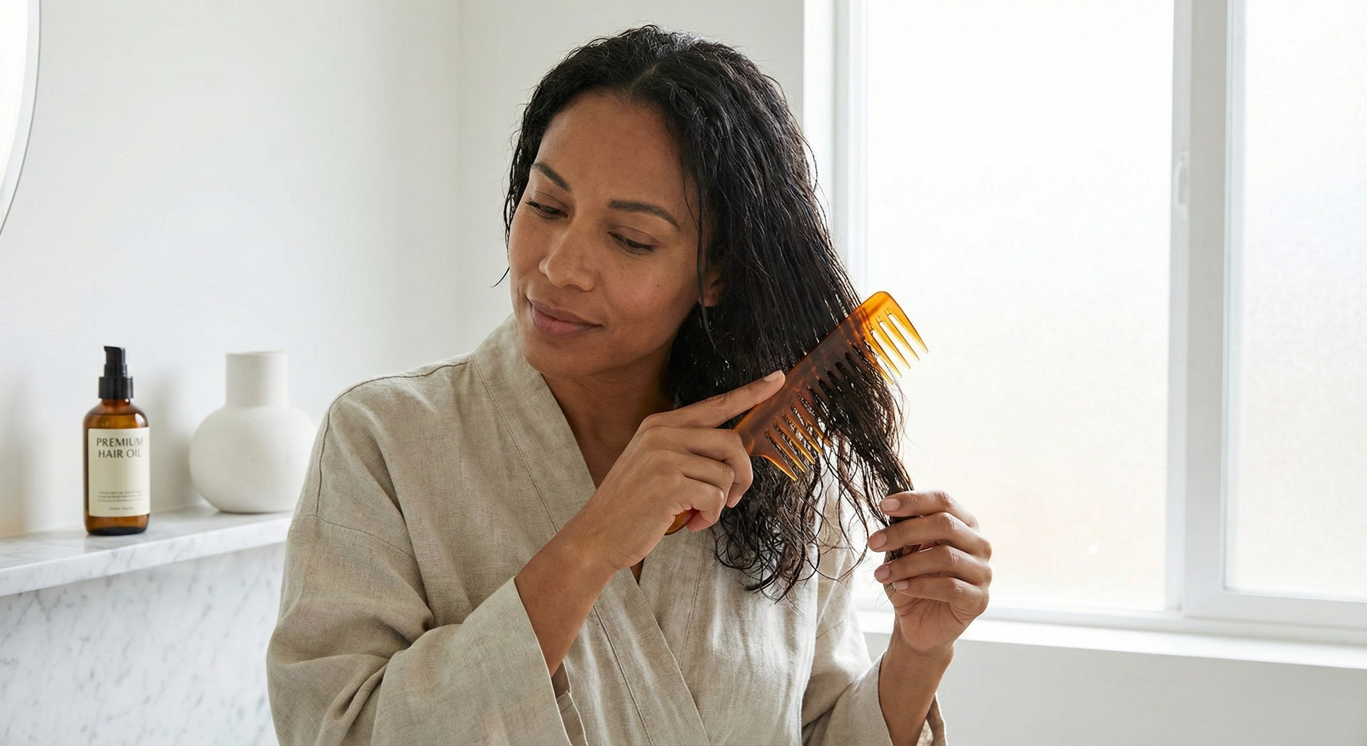 Woman gently detangling damp hair with a wide tooth comb to reduce breakage and wash day shedding