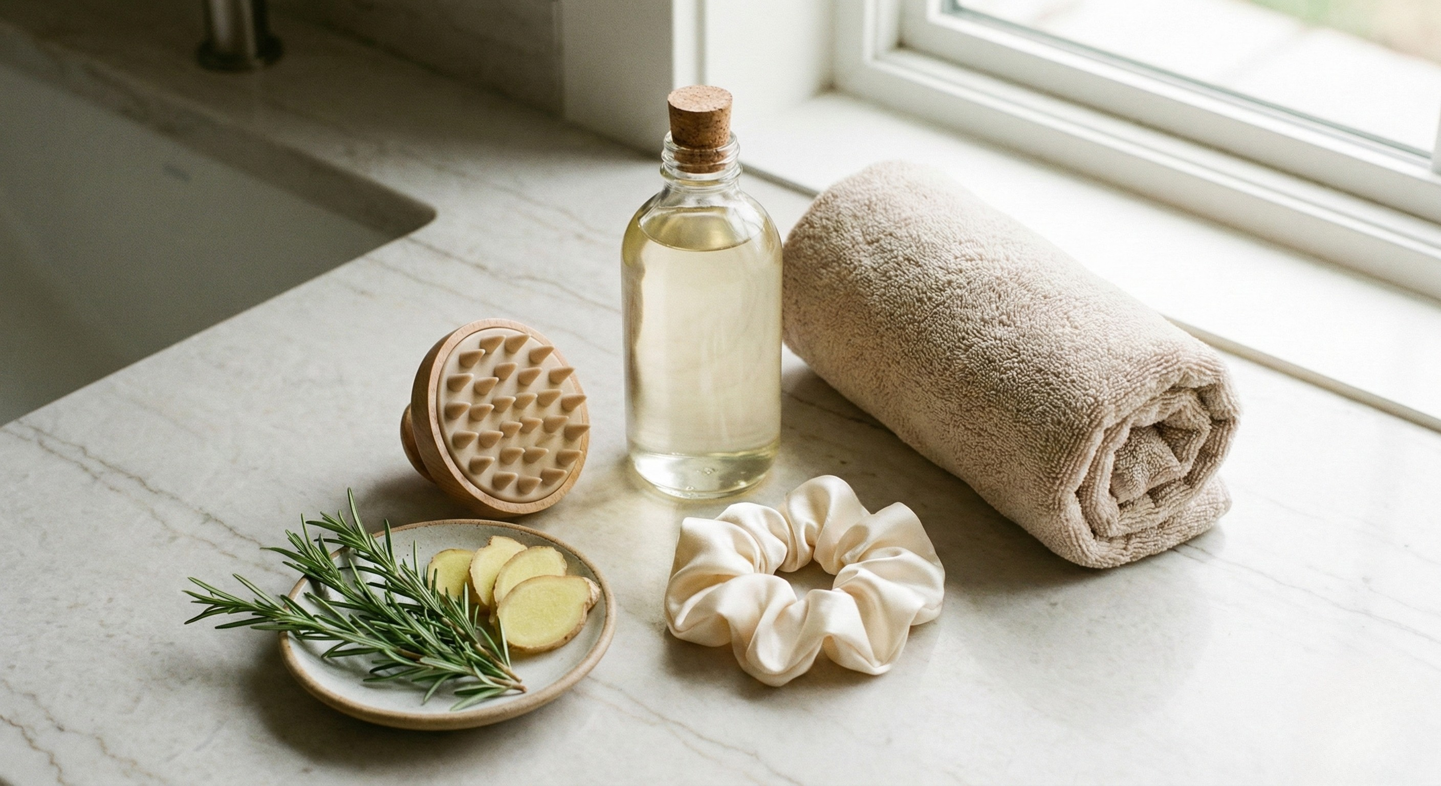 Minimal scalp care flat lay with gentle tools and ingredients supporting anti hair loss treatment routines