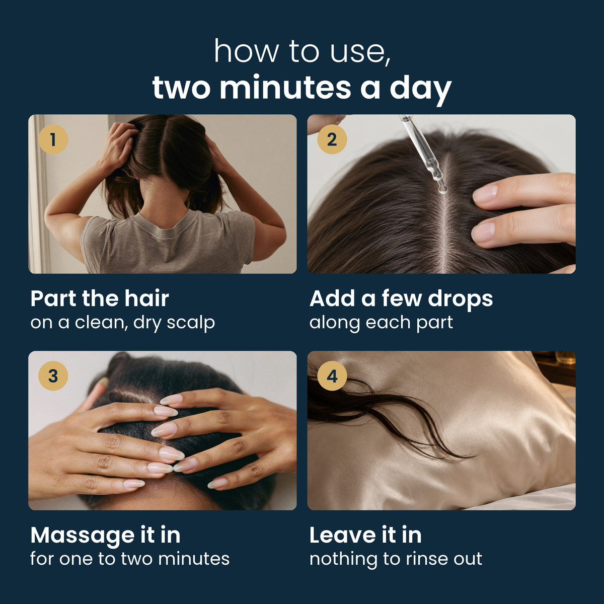 How to use Max Growth: part the hair, add a few drops along each part, massage in for one to two minutes, leave it in