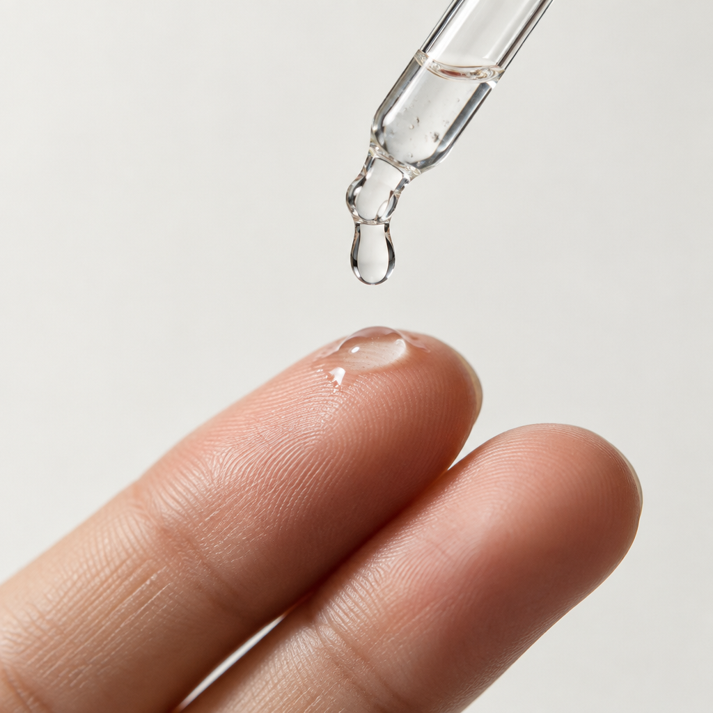 A drop of Eloura serum on a fingertip from a glass pipette