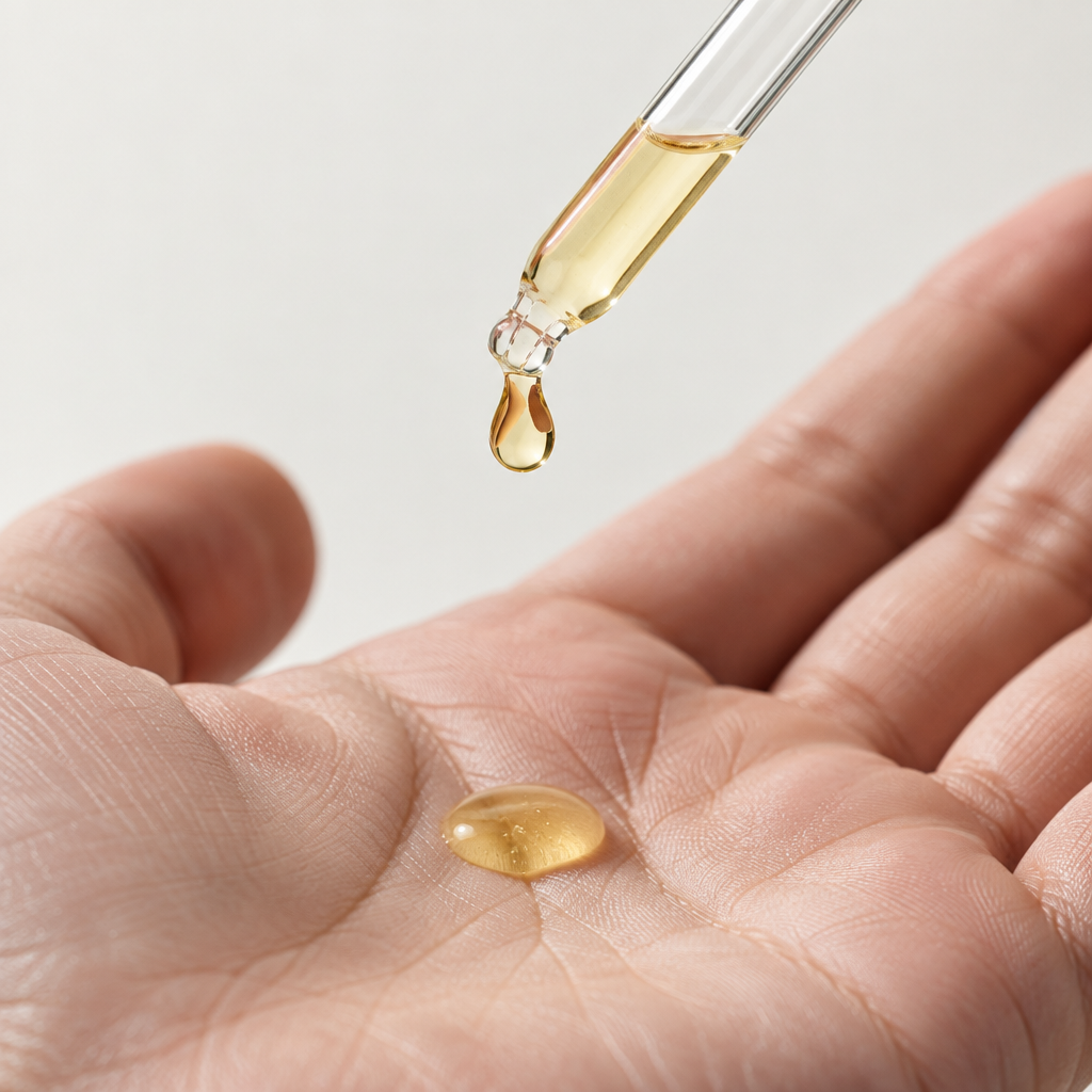 A drop of Eloura serum in an open palm from a glass pipette