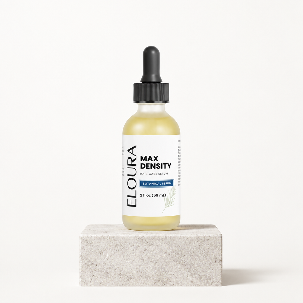 Eloura Max Density botanical serum bottle on a stone plinth