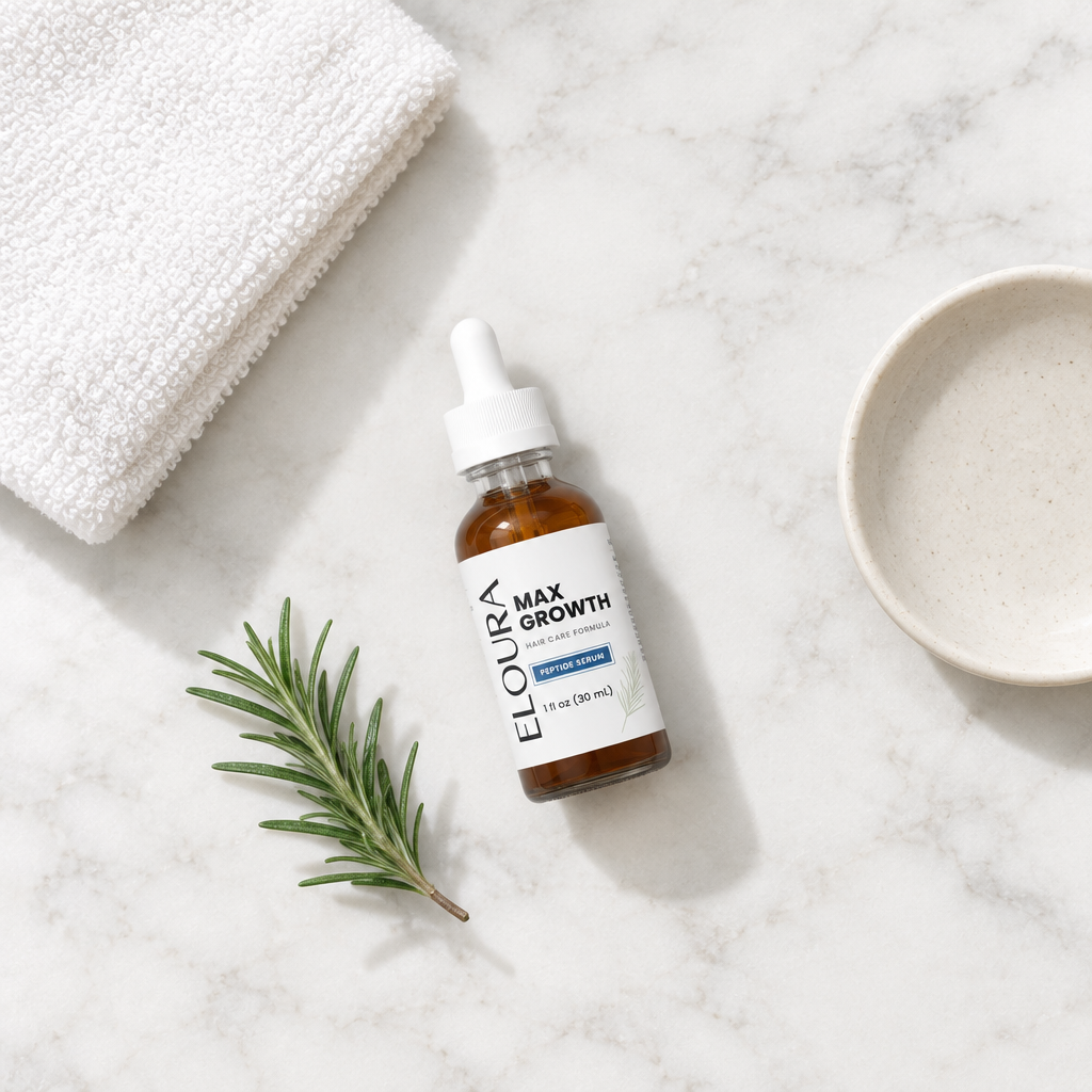 Eloura Max Growth serum with a towel and a rosemary sprig