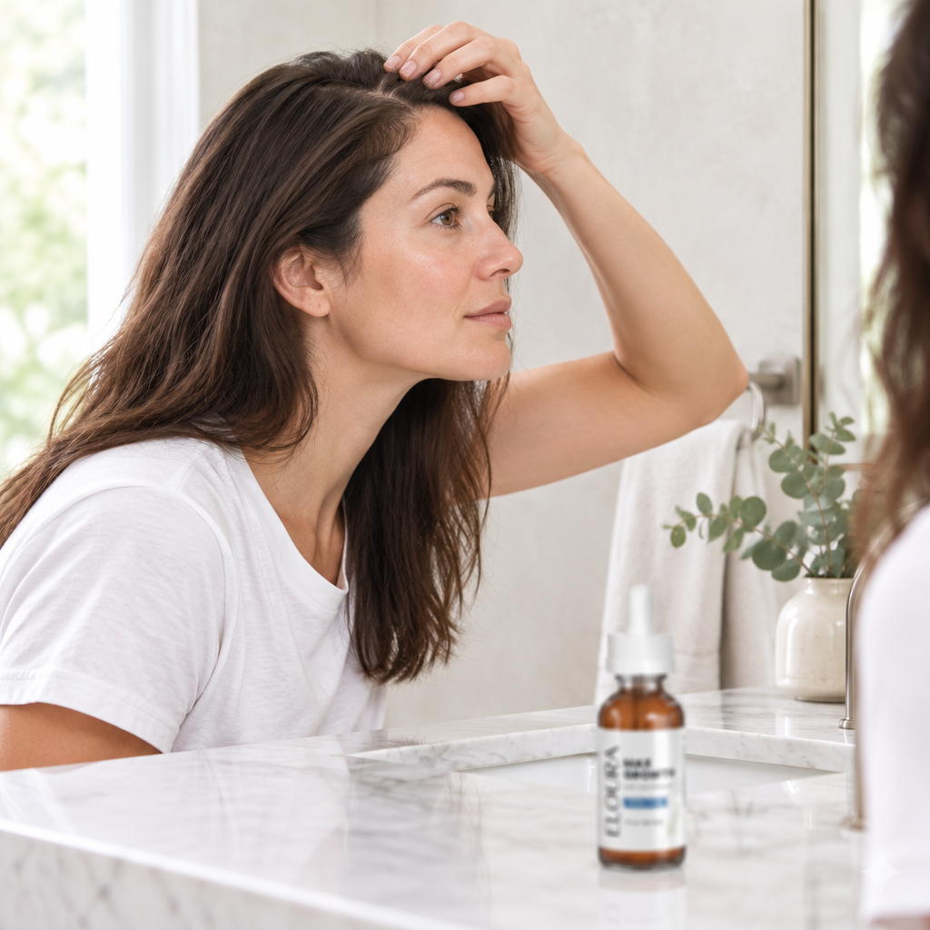 A woman parting her hair at a mirror with Eloura Max Growth on the counter