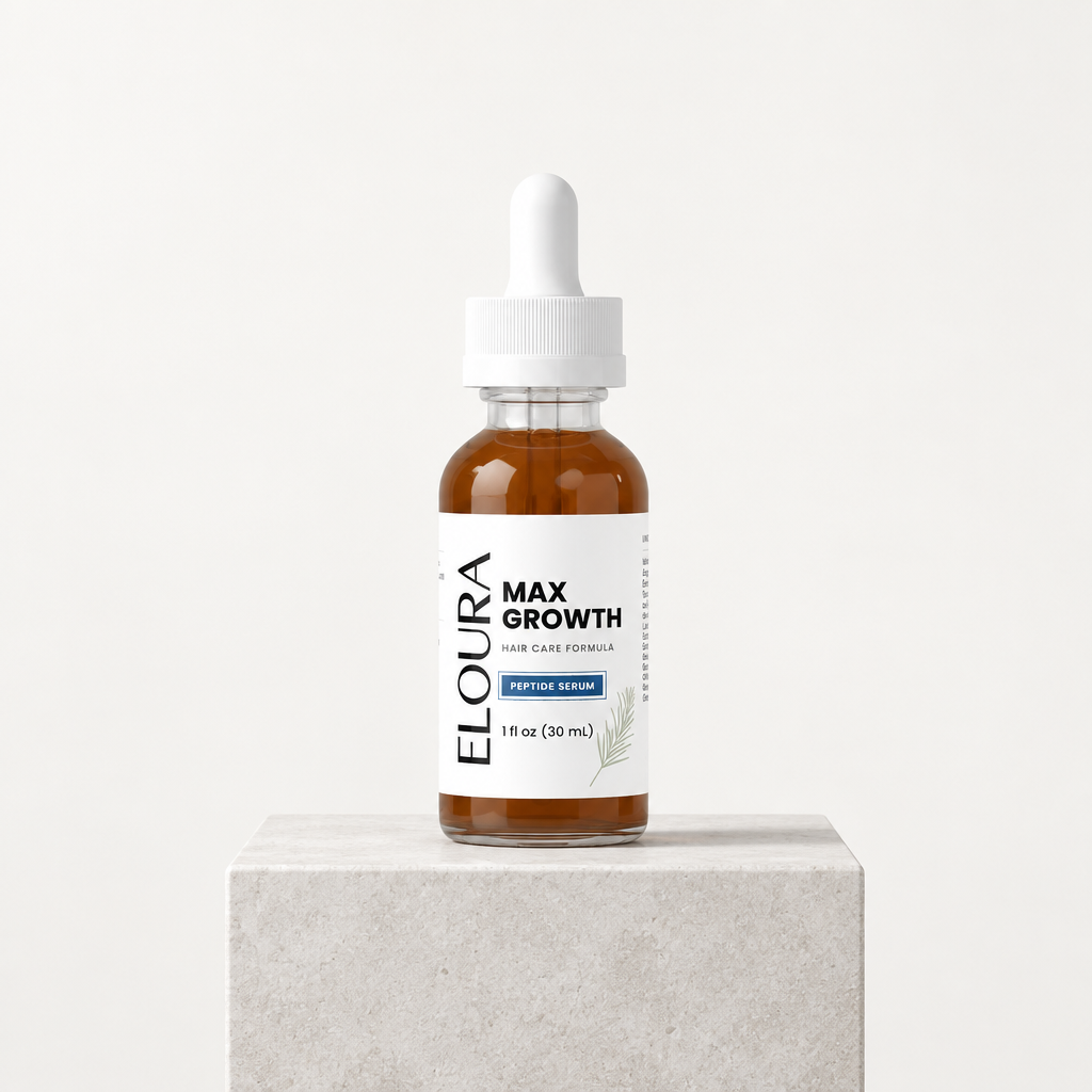 Eloura Max Growth peptide serum bottle on a stone plinth