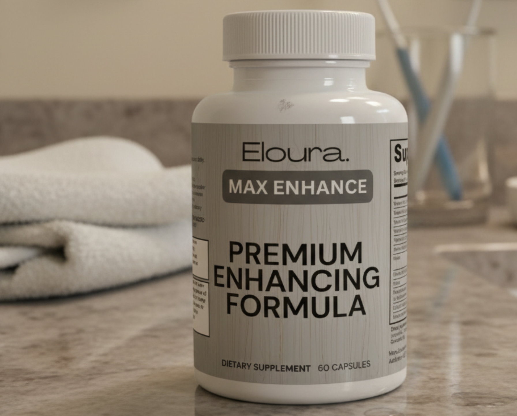 Customer review photo of Eloura Max Enhance hair growth supplement bottle on bathroom counter